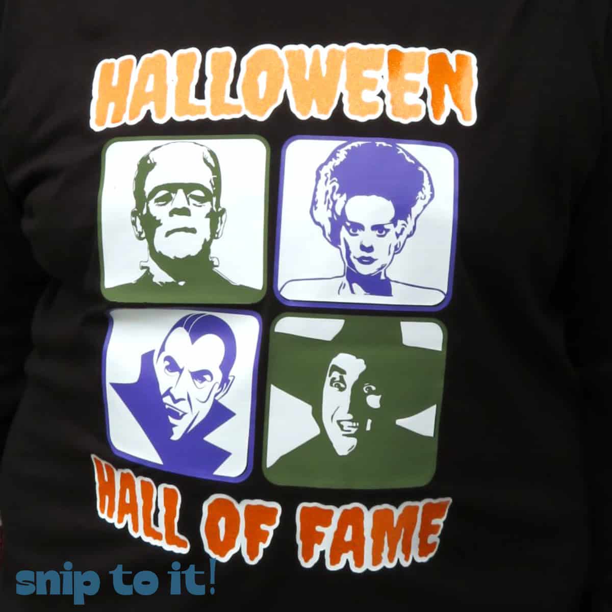 halloween hall of fame t-shirt graphic featuring frankenstine, dracula, the wicked witch of the west and the bride of frankenstein