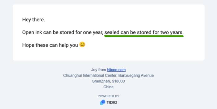 screenshot of an email with hiipoo sublimation ink support, confirming their ink has a shelf life of two years. 