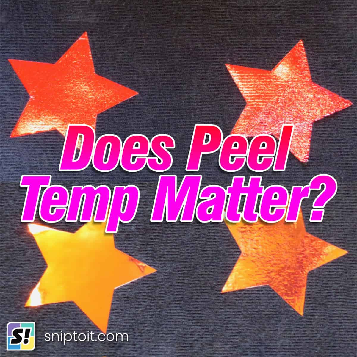 Side by side images of various Heat transfer vinyl demonstrating the difference in texture when the carrier sheet is peel at a hot temperature versus peel at cold temperature, with the text "Does Peel Temp Matter" overlaid on top