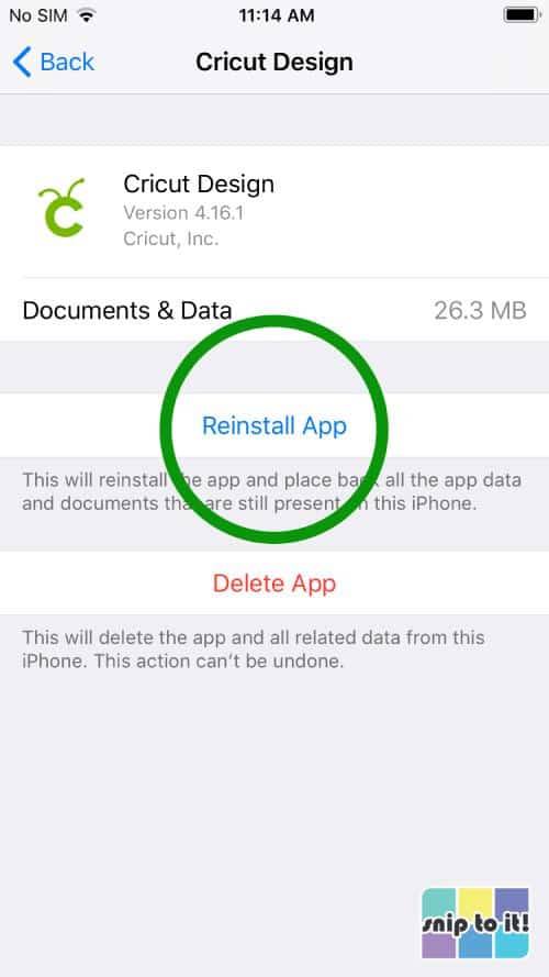 After the offload is complete, select the Reinstall App option to add Design Space back onto your phone