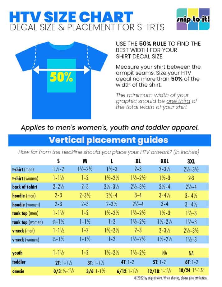 HTV Size Chart: Printable guide to shirt decal size - Snip to It!