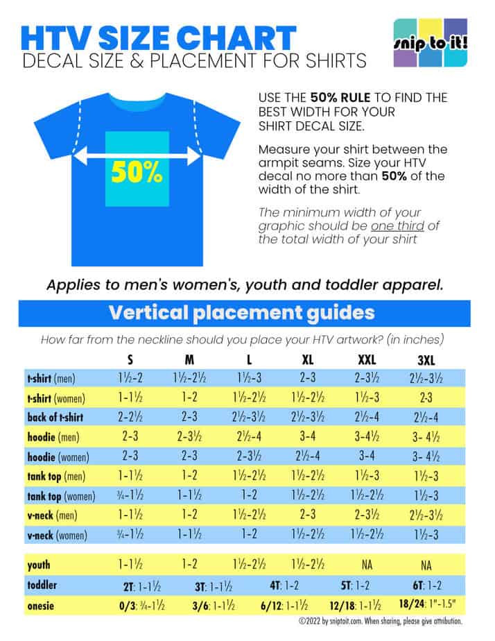 HTV Size Chart Printable guide to shirt decal size Snip to It!