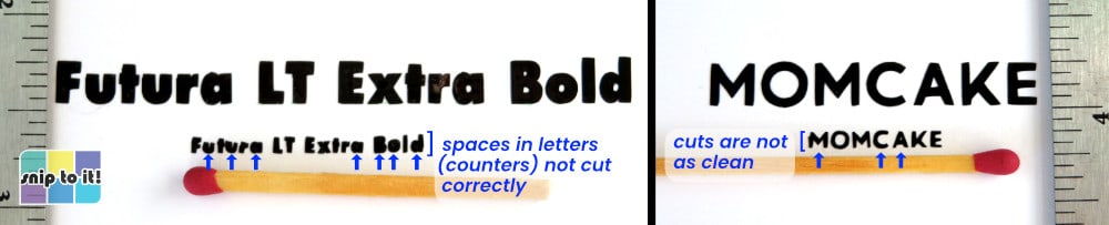 closeup showing 0.1" vinyl letters cut by a Cricut machine