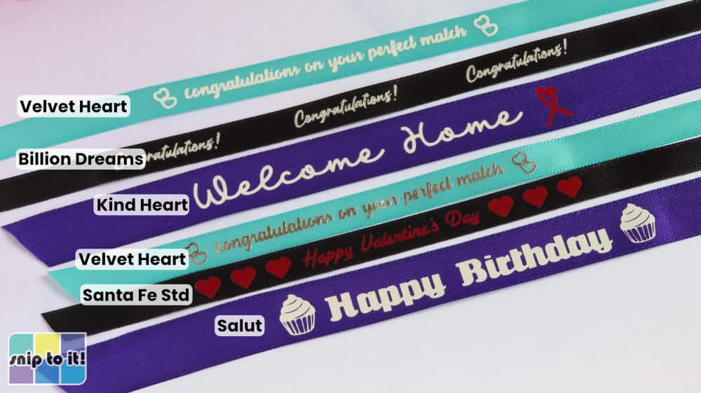 Custom ribbon made with Siser HTV (Electric, Sparkle, and Metal) and fonts cut at o.25" and 0.36" tall.