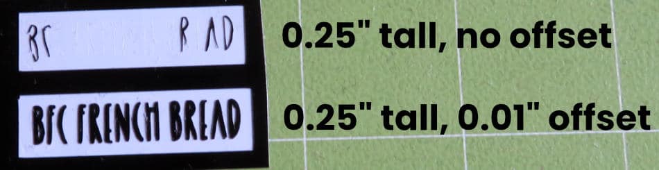BFC French Bread font cut at 0.25" with and without offset