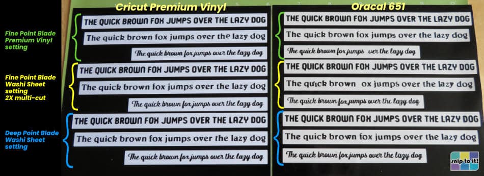 0.25" fonts cut out of Cricut Premium vs Oracal 651 vinyl using 3 different cut settings