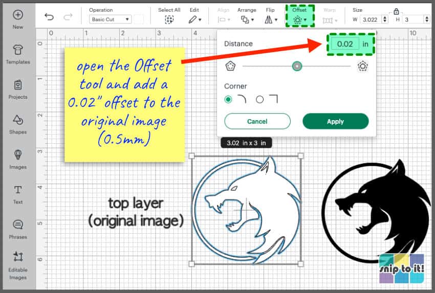 open the Offset tool and add a 0.02" offset to the original image