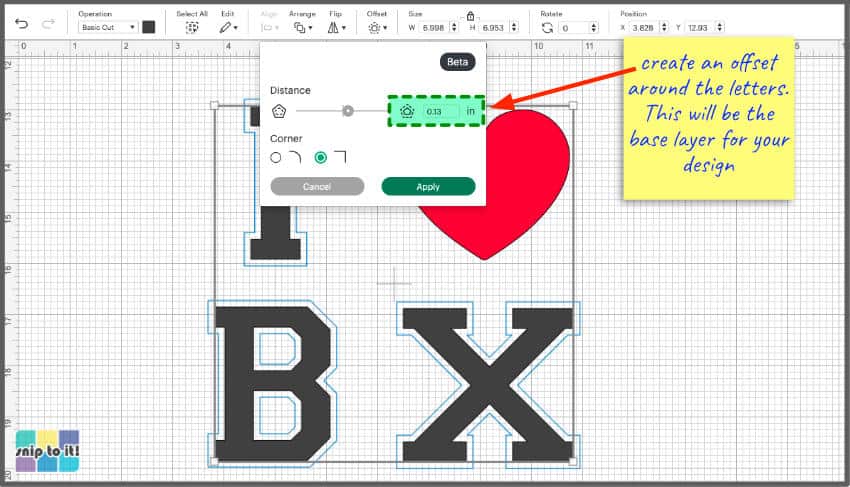 screencap showing first offset added to text in design space