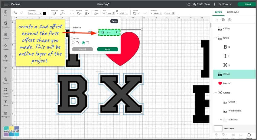 screencap showing second offset added to the text in design space as a first step in creating a glitter border around the letters