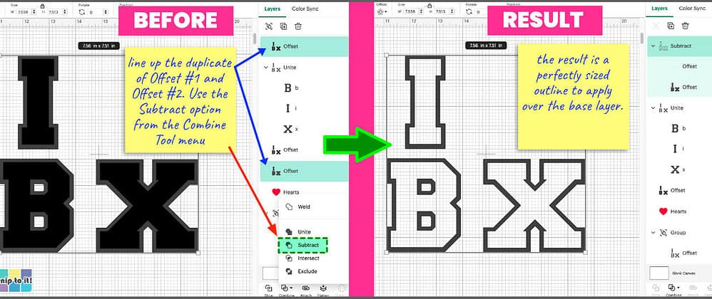 screencap showing the use of the subtract tool to finish creating the glitter border around the letters
