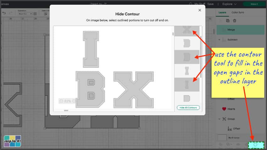 screencap showing use of the contour tool to create a more substantial easyweed base for the varsity letters