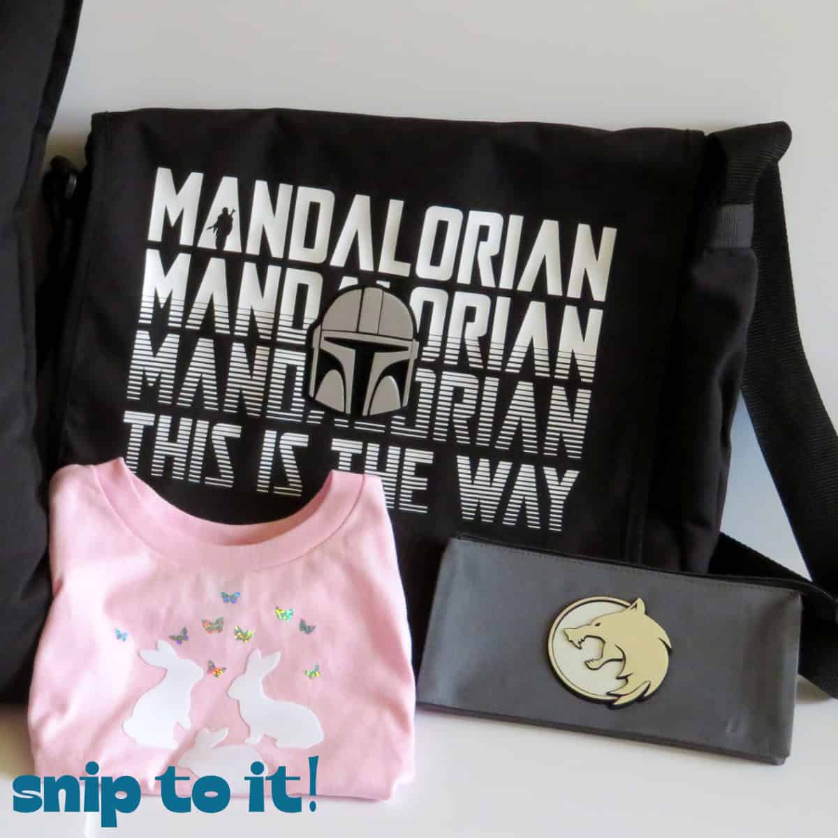 collection of messenger bag, children's shirt and pencil case decorated with flock HTV
