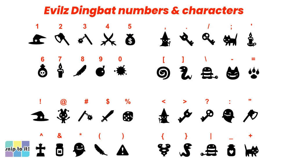 image of Evilz dingbat font character map, numbers and symbols