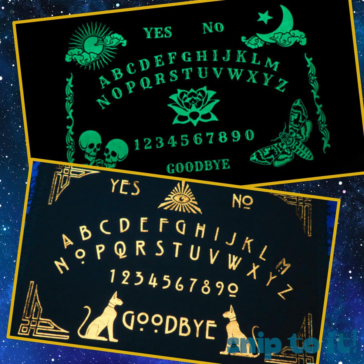 collage of two ouija board table runners in the classic style and art deco style made with heat transfer vinyl