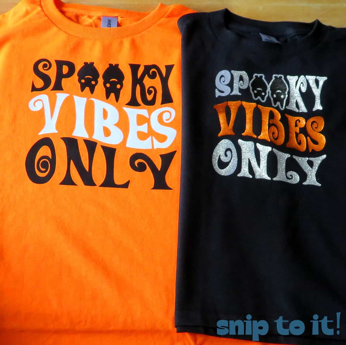 orange and black t-shirts side by side with different variations of the Spooky Vibes Only wavy stacked text graphic