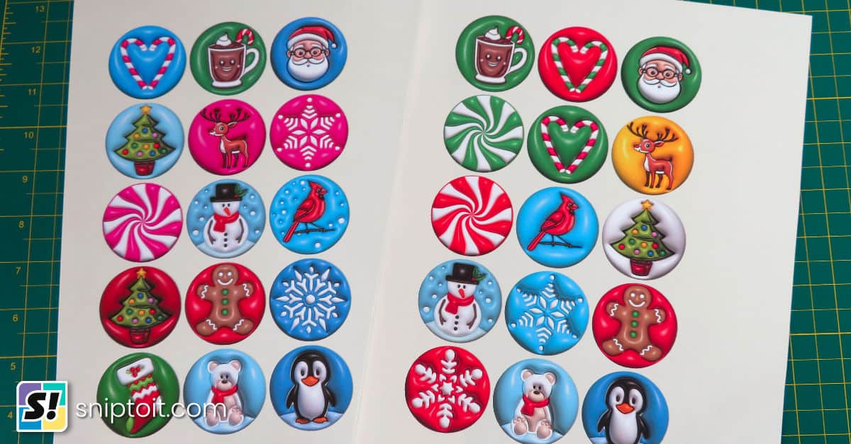 2 sheets of round 3D Christmas stickers made with a Cricut using print then cut