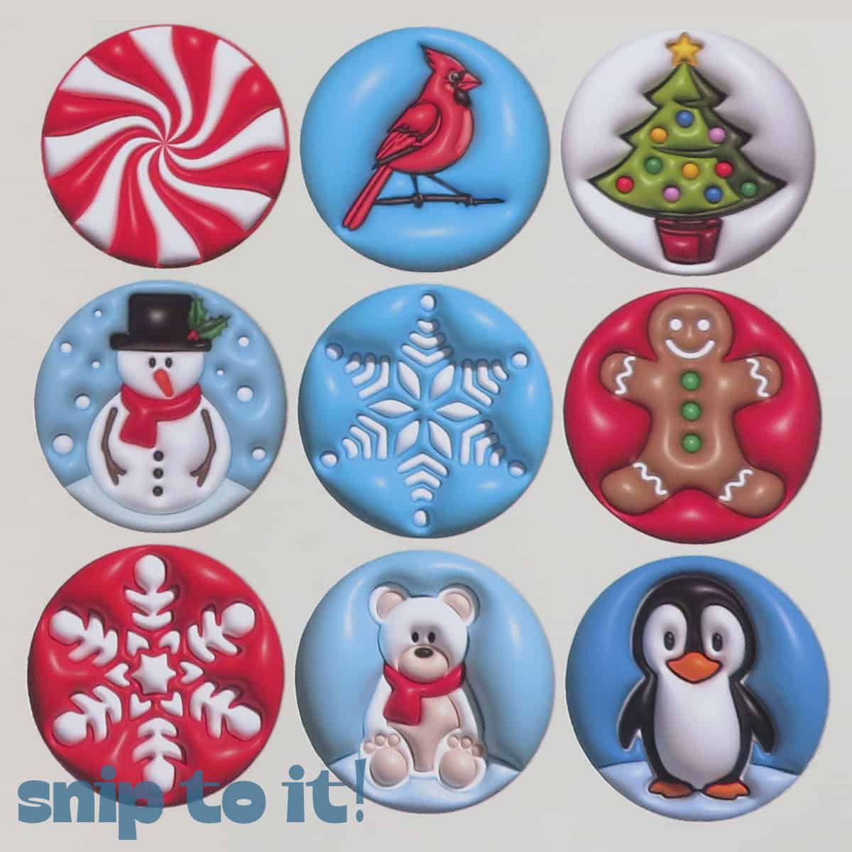 gallery of 3D illusion christmas stickers featuring snowman, snowflake, cardinal. christmas tree, peppermint swirl