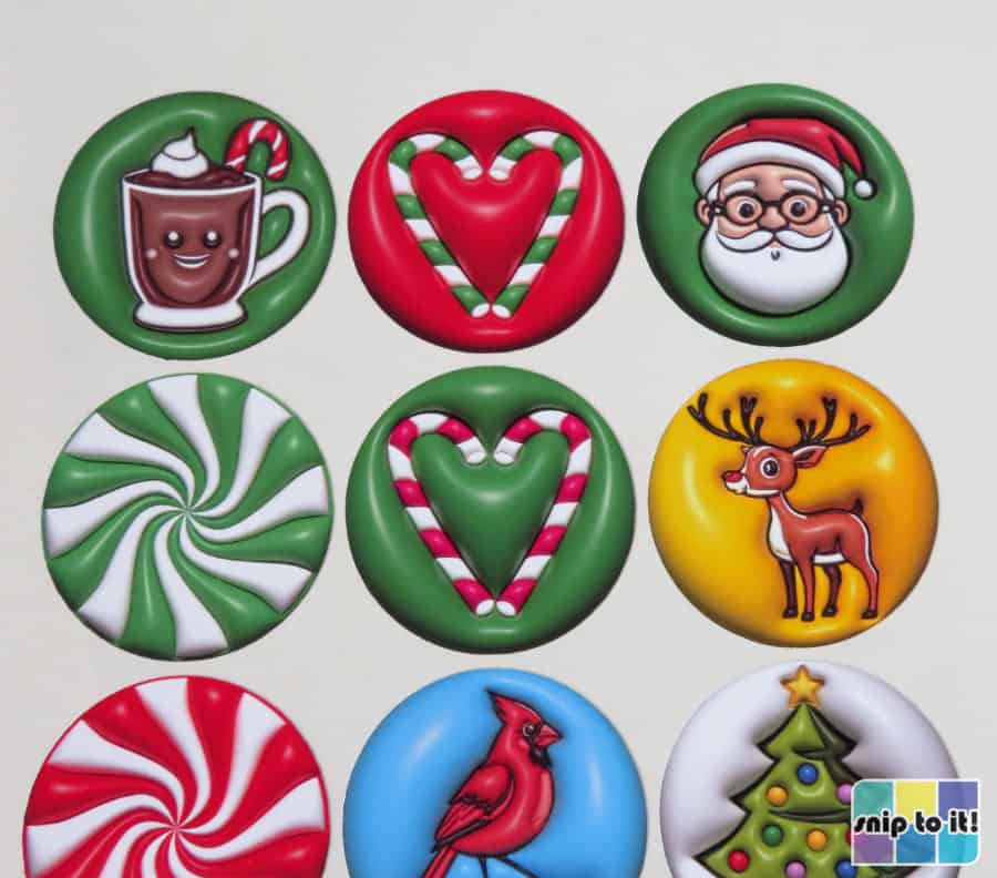 closeup showing round 3D illusion christmas sticker of happy cocoa mug, candy canes and santa claus, starlight peppermints, cartoon reindeer and cardinal