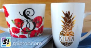 photo of mugs with personalized split letter and split image monograms