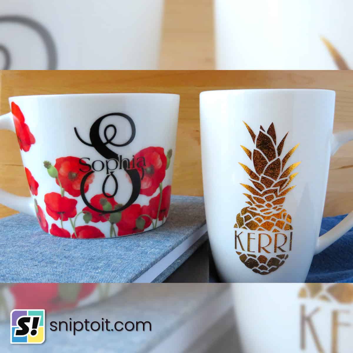 photo of mugs with personalized split letter and split image monograms