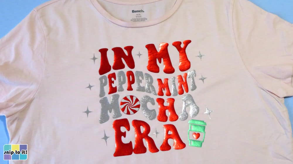 finished pink t-shirt with In my peppermint mocha era wavy stacked text shirt