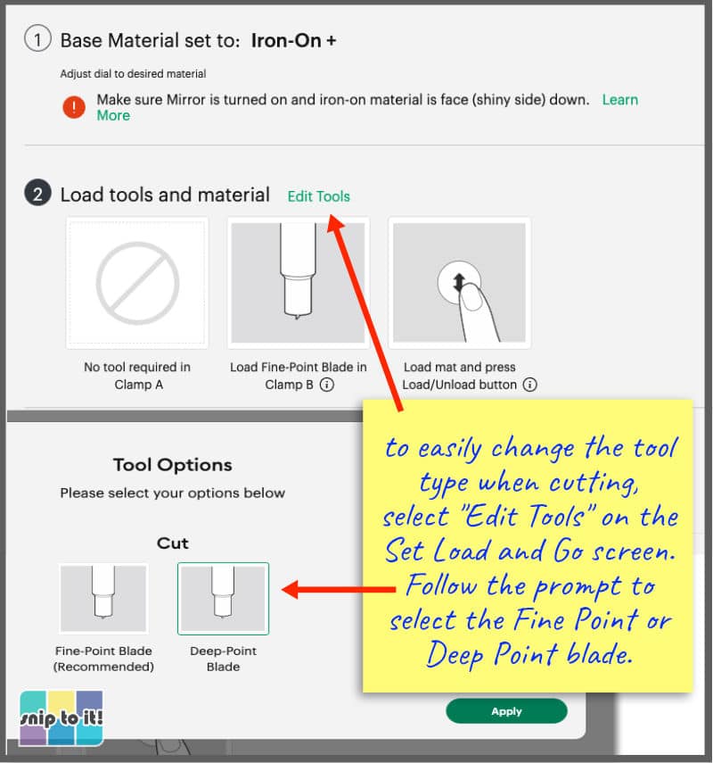 screencap showing how to change the blade setting from fine point to deep point for cutting using an Explore Air 2