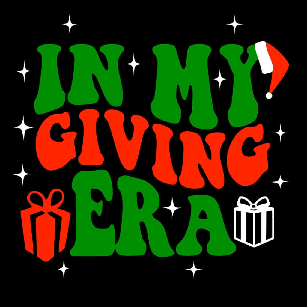 christmas wavy stacked text t-shirt svg, in my giving era, with santa hat and wrapped gift images