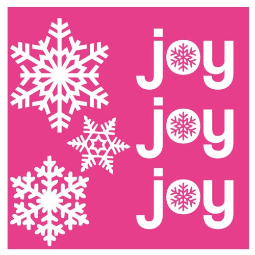 pillow cover svg, "joy joy joy" and 3 snowflakes on a pink background