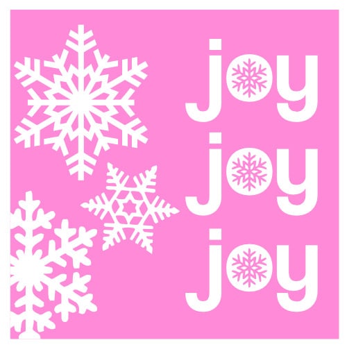 joy joy joy pillow case design featuring text art and geometric snowflakes, pink pillow with white writing