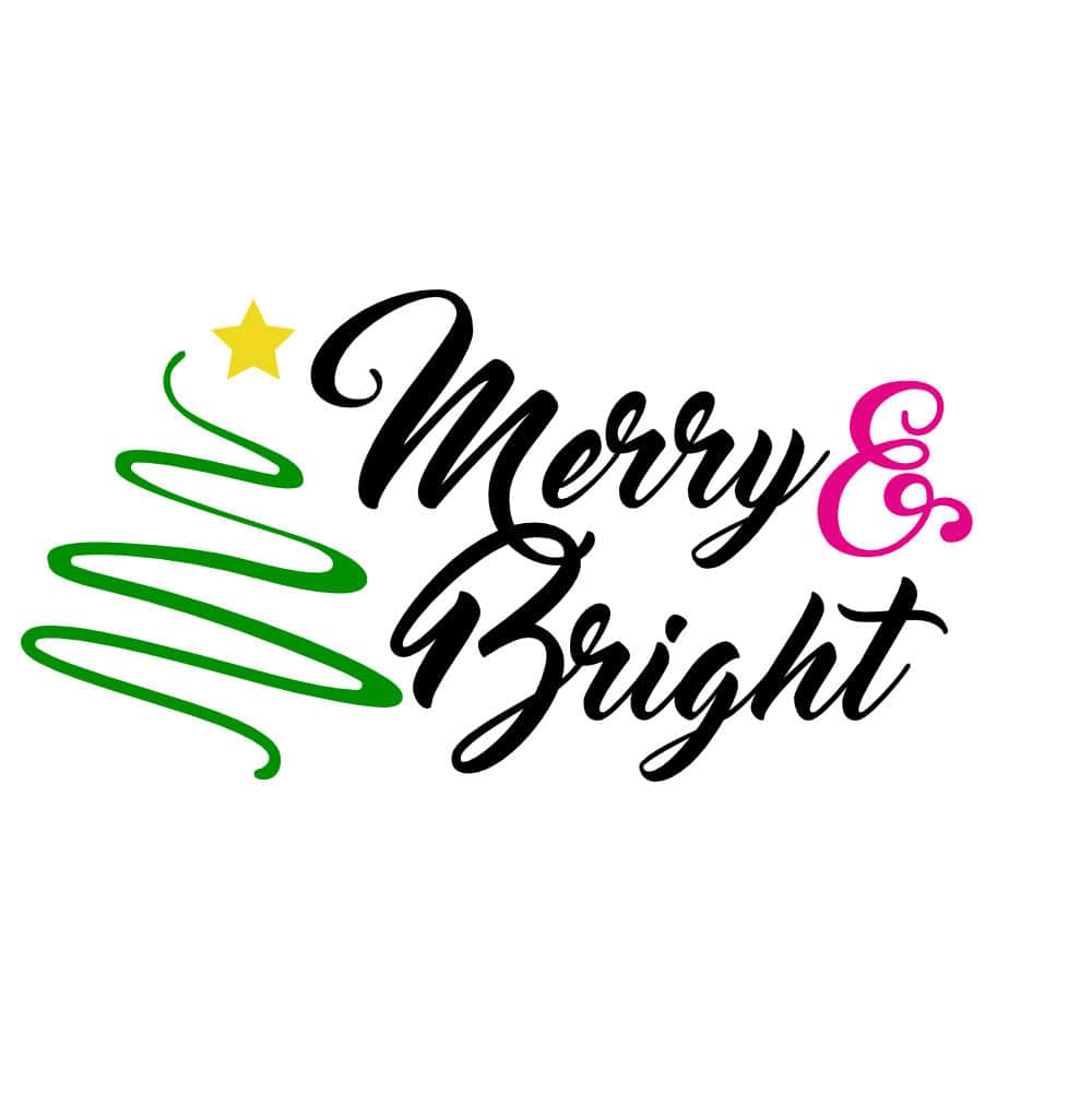 Merry and Bright pillow case design featuring an abstract green christmas tree design, gold star and cursive text