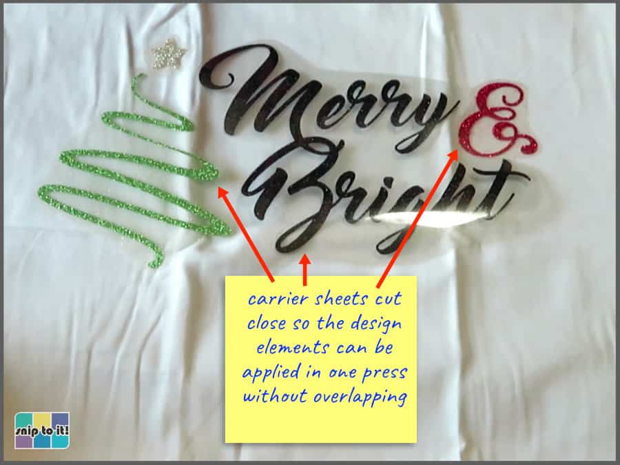 pillowcase with weeded glitter vinyl for Merry&Bright design, showing carrier sheets cut close to fit pieces together