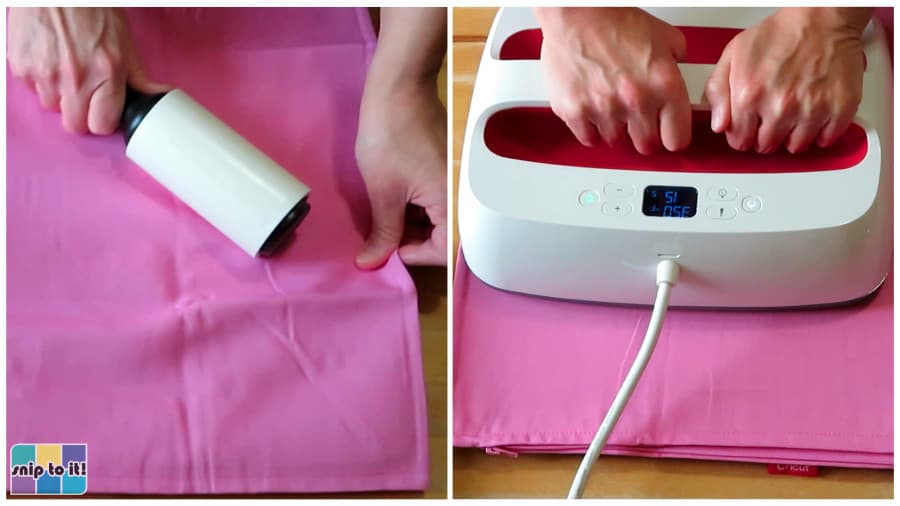lint rolling and pre-pressing a pink pillowcase before decorating with HTV