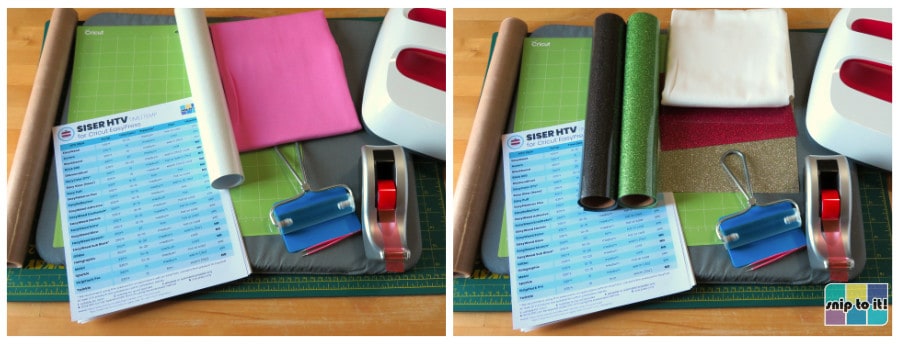 all the tools you need to make glitter pillowcases, including blanks, heat press and pad, gliter HTV, a brayer, cutting mat, etc.