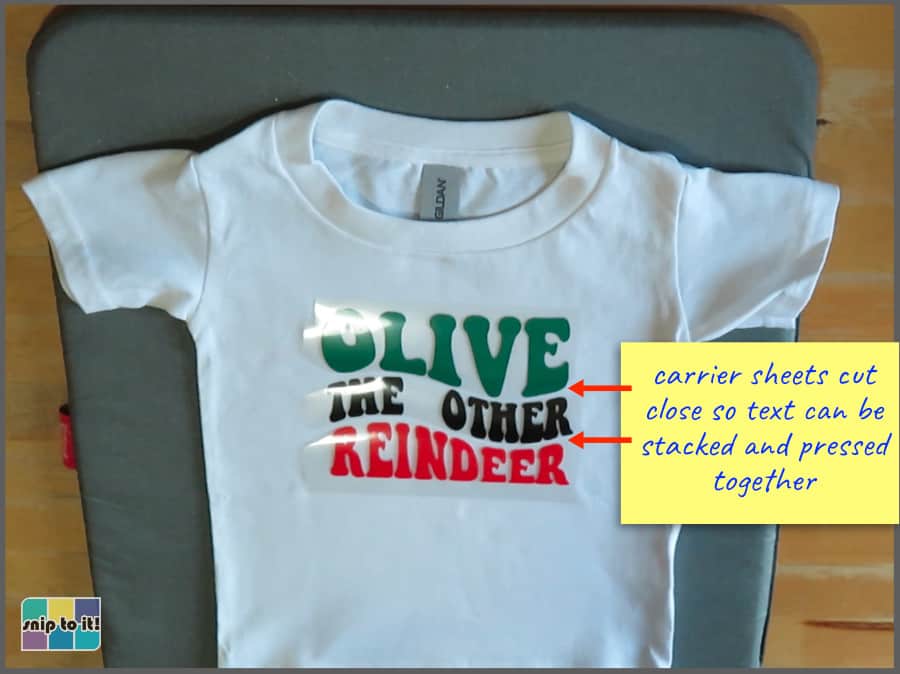 toddler t-shirt with stacked wavy text design showing htv on close-cut carrier sheets stacked to be pressed at the same time