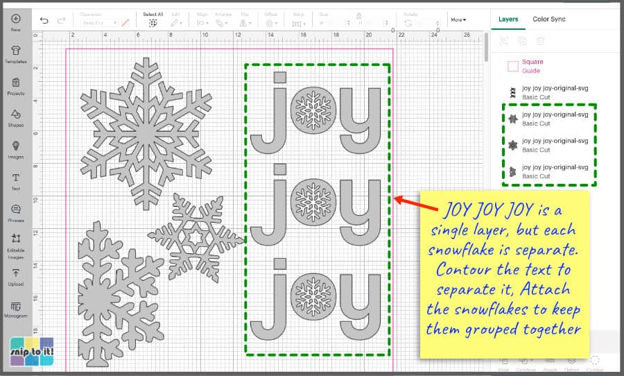 screenshot of joy joy joy svg in design space showing which elements are attached