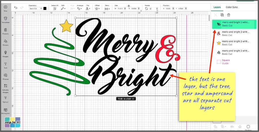 Merry and Bright design file showing which parts of the image are attached