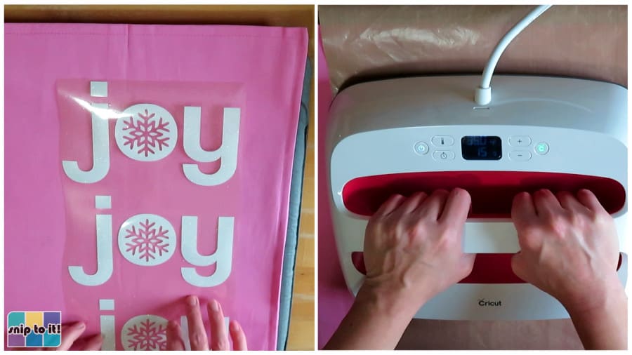 white glitter joy joy joy text being pressed on pink pillowcase