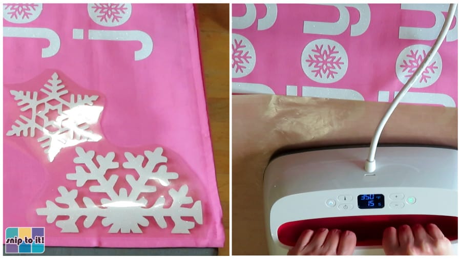 white glitter snowflakes, bottom corner part of joy design, being pressed on pink pillowcase 