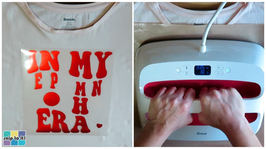 using an easypress to apply red siser easyweed electric htv to a pink t-shirt for the "in my peppermint mocha era" wavy text design