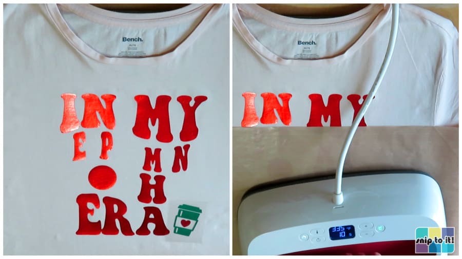 using an easypress to apply green siser easyweed electric htv to a pink t-shirt for the "in my peppermint mocha era" wavy text design