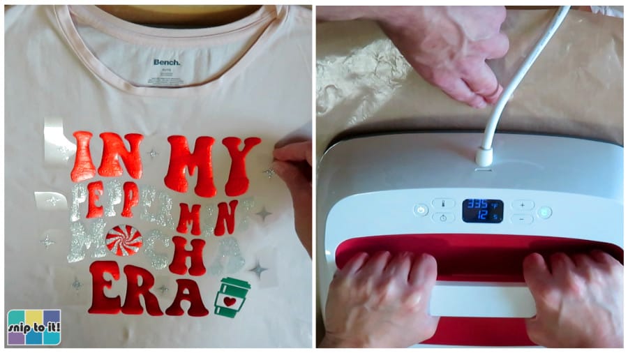 using an easypress to apply siser sparkle htv stars to a pink t-shirt to complete the "in my peppermint mocha era" wavy text design