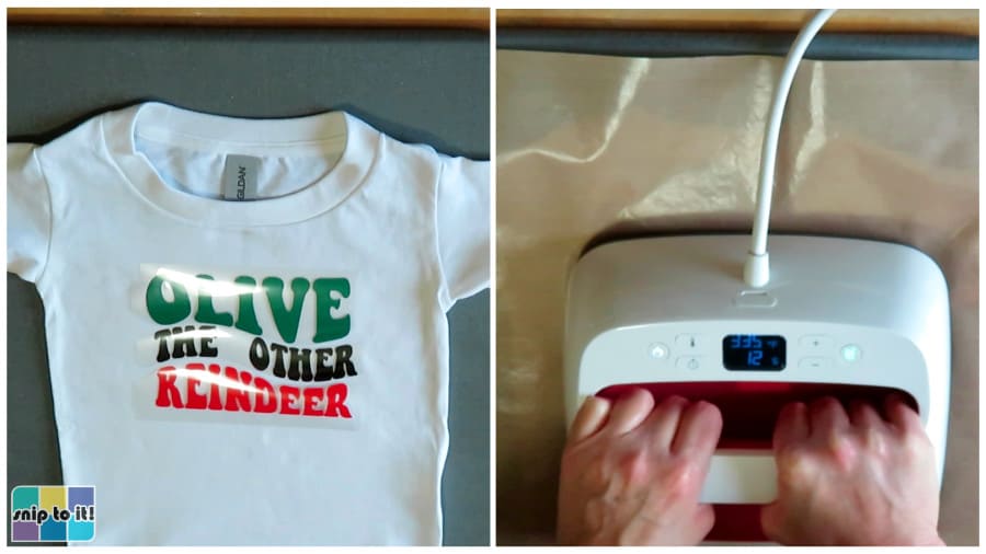 using an easypress to apply the text of the Olive the Other Reindeer kids shirt design. Text cut out of red green and black Siser easyweed HTV with close-cut carrier sheets is pressed onto a 2T shirt