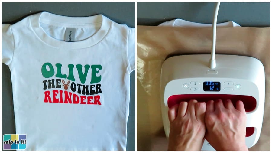 using an easypress to add the reindeer face to the kids olive the other reindeer wavy text design