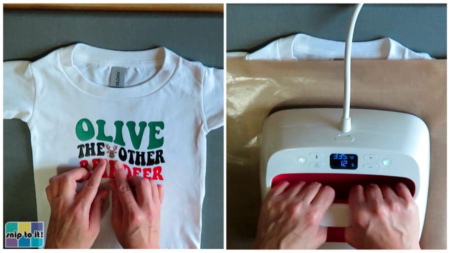 final press of the olive the other reindeer design in easyweed on a 2T kids shirt