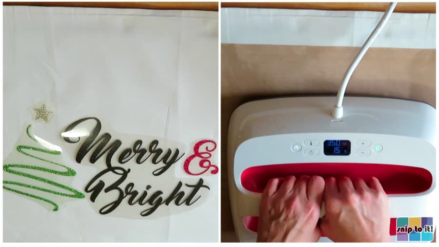 using an EasyPress to apply glitter HTV in black, green, gold, and hot pink to a white pillowcase, Merry&Bright text and christmas tree design