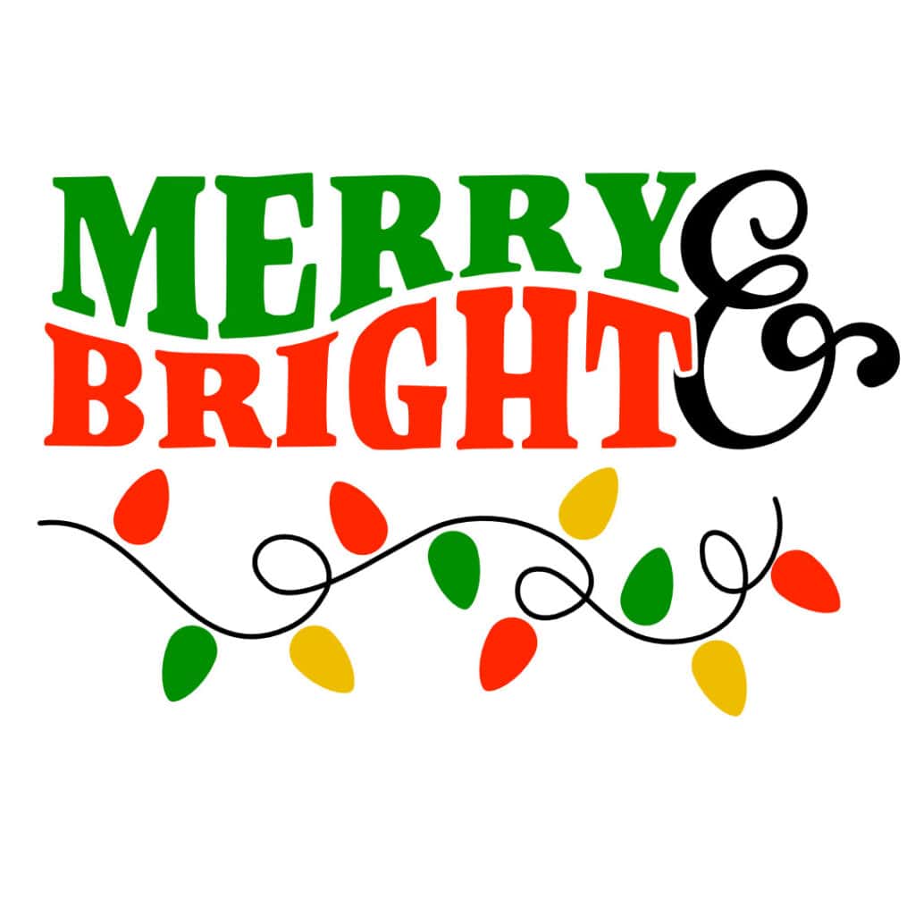 merry and bright t-shirt svg wavy stacked text and christmas lights