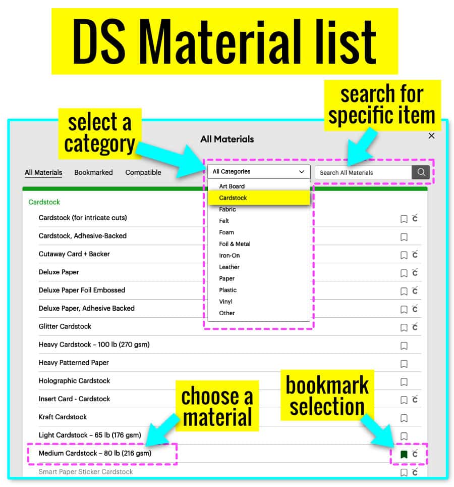 how to search and bookmark selections from the Cricut materials list