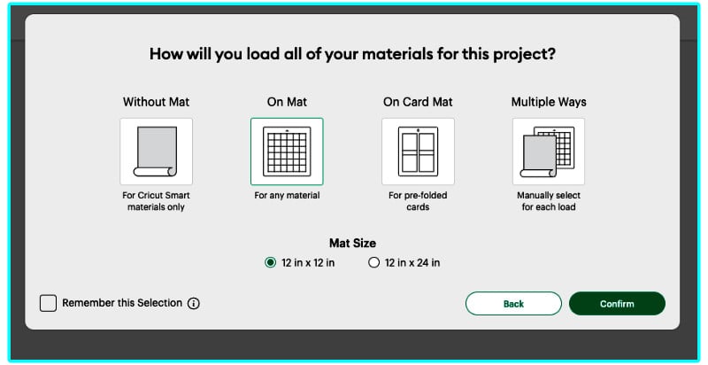 screenshot showing different mat options for the Maker 3 machine in the mat preview section of design space
