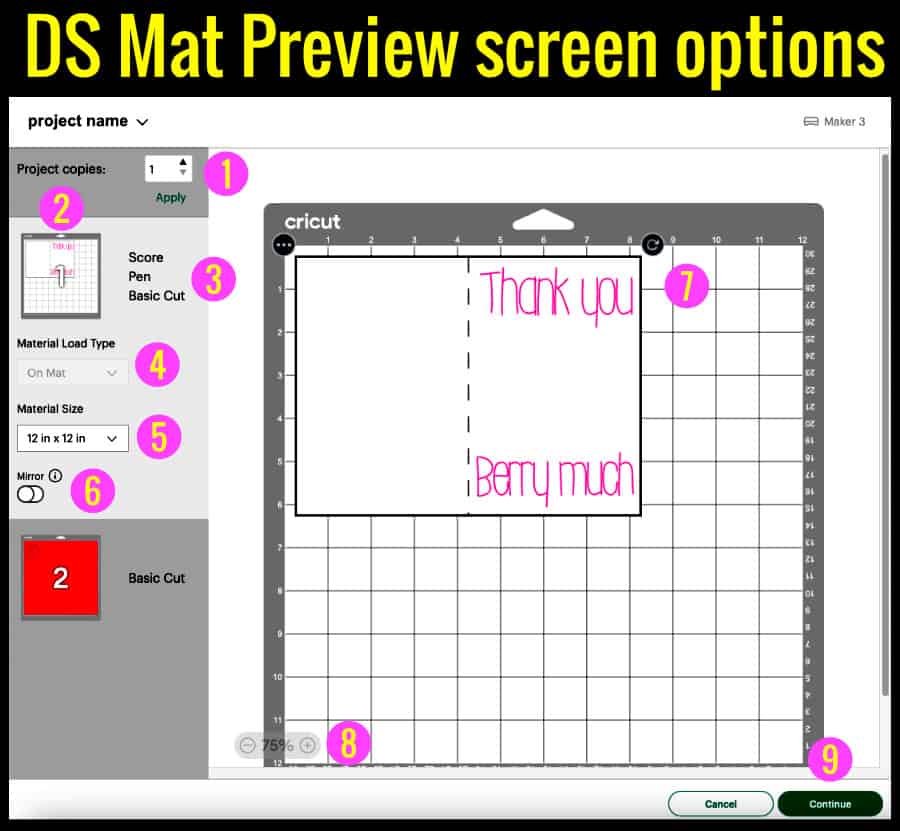 annotated screenshot of the mat preview screen in design space
