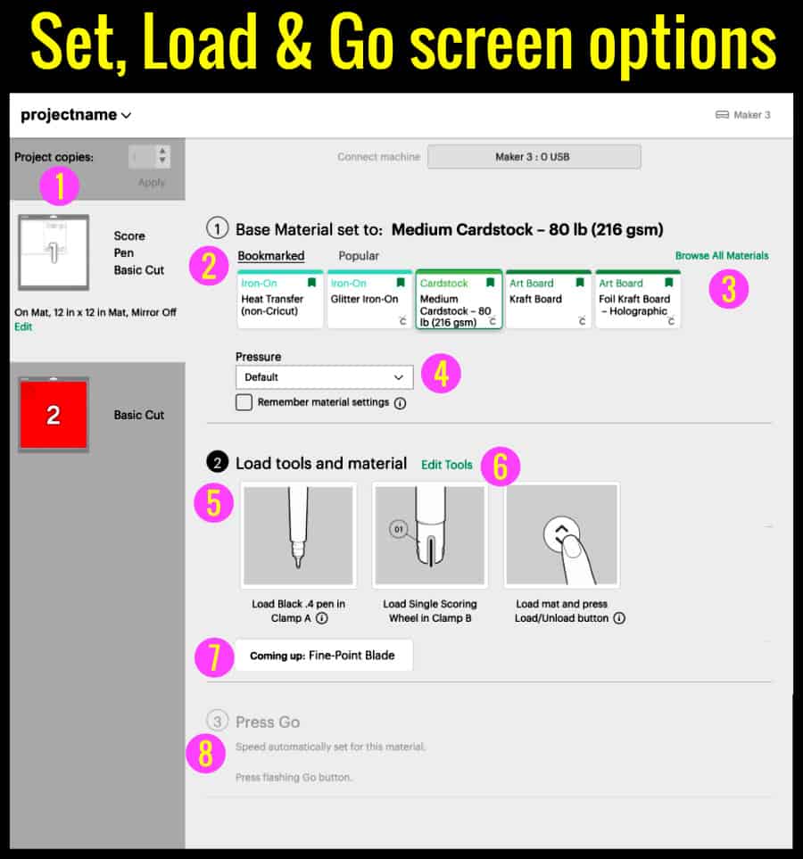 annotated screenshot of the set load and go screen in design space
